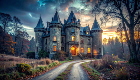 An enchanting castle with illuminated windows stands under a dramatic twilight sky with clouds.の素材