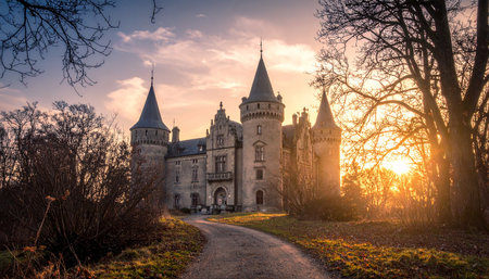 A grand stone castle with multiple conical towers stands under a warm sunset sky. Clear details and vibrant co...の素材