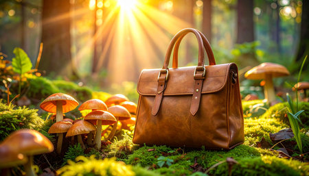 A brown leather satchel bag rests on mossy ground surrounded by mushrooms in a sunlit forest.の素材
