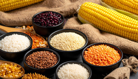 Various grains and legumes in bowls, with corn and a burlap texture in the background.の素材
