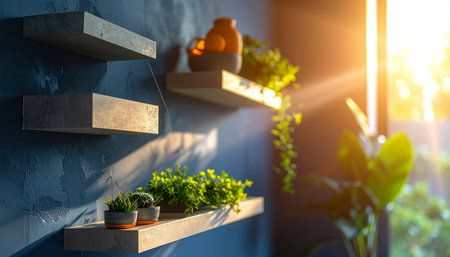 Warm sunlight streams into a room, illuminating shelves adorned with lush green plants against a blue wall.の素材