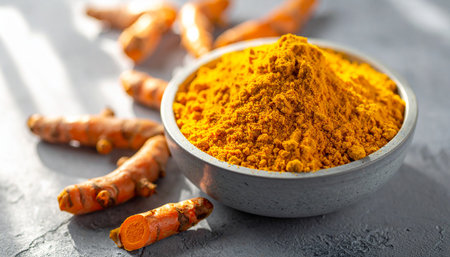 A bowl overflowing with vibrant turmeric powder sits beside fresh turmeric roots on a textured surface.の素材