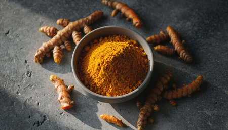 A bowl of bright yellow turmeric powder surrounded by fresh turmeric roots on a dark textured surfaceの素材