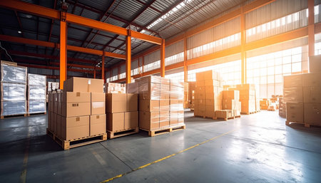 Sunlight streams into a warehouse filled with stacked cardboard boxes on pallets, illuminating the space.の素材