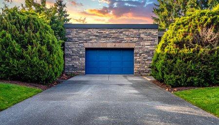 Blue garage door on a stone wall surrounded by trees with a colorful sunset sky. Clear details and vibrant col...の素材