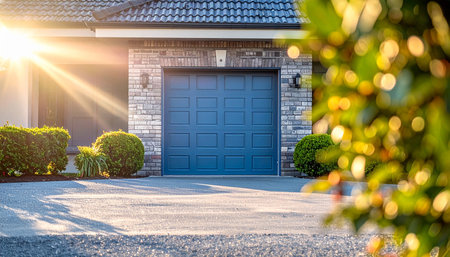 Home showing blue garage door on a brick house with sun flare and foliage keywords: garage door, blue door,...の素材