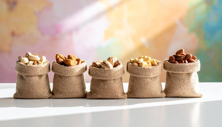 A line of five burlap sacks filled with different types of nuts on a white surface.の素材