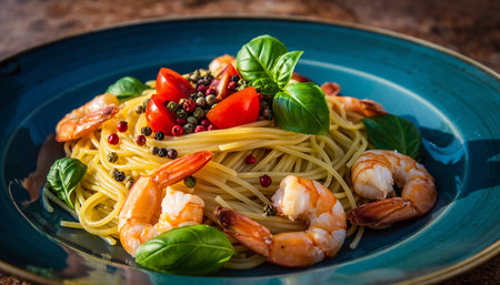 Close-up of spaghetti with shrimp, cherry tomatoes, basil, and peppercorns on a blue plate.の素材