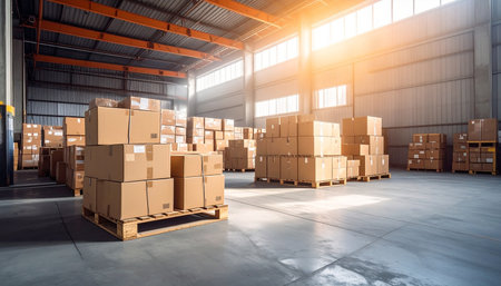 An industrial warehouse is filled with numerous stacks of cardboard boxes on pallets, bathed in sunlight.の素材