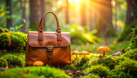 A brown leather satchel bag with a buckle sits on mossy ground with mushrooms in a sunlit forest.の素材