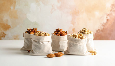 Category: showing assortment of nuts in small linen bags on a white surface keywords: nuts, assorted nuts,...の素材