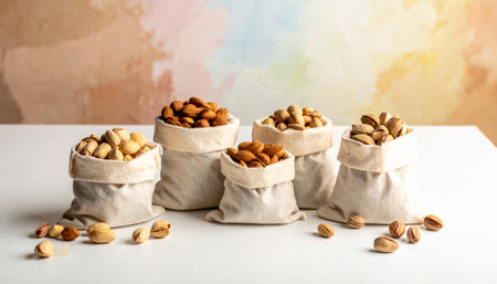 A collection of nuts in burlap sacks and scattered on a white surface, with a colorful background.の素材