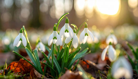 White snowdrops with vibrant green leaves are in focus on the forest floor. Clear details and vibrant colors e...の素材