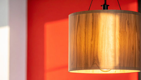 Warm showing wooden drum pendant lamp with warm light against a red wall keywords: lamp, light, lighting,...の素材