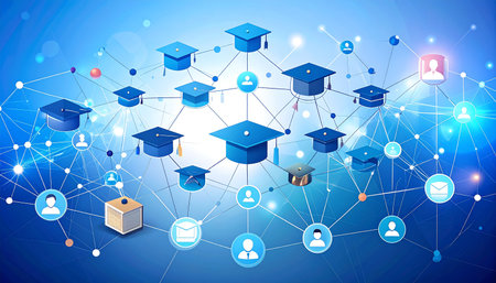 Education showing digital network of graduation caps and user icons on blue background keywords: education,...の素材