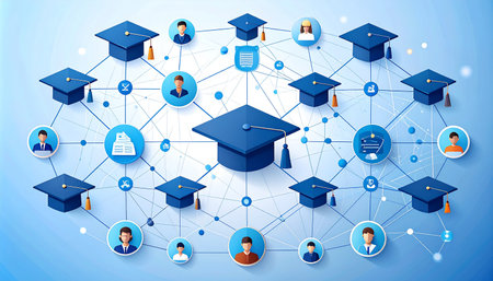 Education showing network of graduation caps and diverse user icons on a light blue background keywords:...の素材