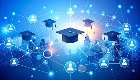 Education showing abstract network of graduation caps and user icons with blurred figures keywords:...の素材