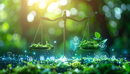 Balanced scales hold green plants with digital icons and glowing network lines. Clear details and vibrant colo...の素材
