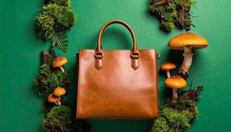 A brown leather satchel bag is displayed with fly agaric mushrooms and moss arranged on a green background.の素材