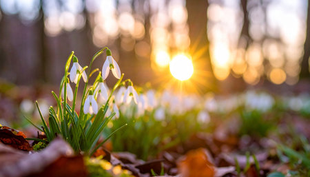 White snowdrops are illuminated by golden sun rays filtering through a forest canopy.の素材