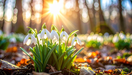 White snowdrops with green leaves emerge from the forest floor bathed in golden sunlight.の素材