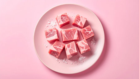 Raw pork cubes with visible fat marbling are placed on a pink plate with a pink background.の素材