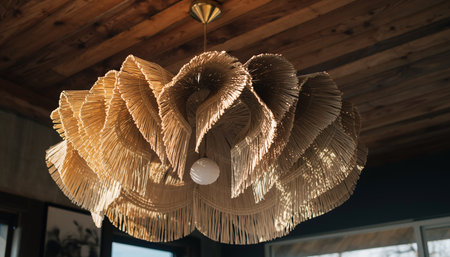 A large, intricately woven pendant light fixture hangs from a rustic wooden ceiling.の素材