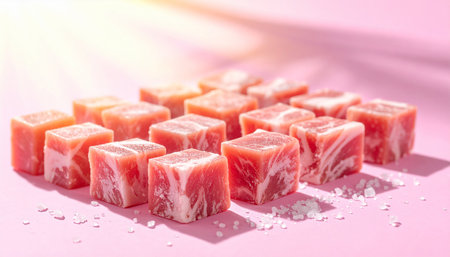 Multiple rows of raw marbled meat cubes sprinkled with coarse salt on a pink surfaceの素材