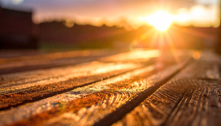 Close-up of weathered wooden planks bathed in warm sunset light with a blurred backgroundの素材