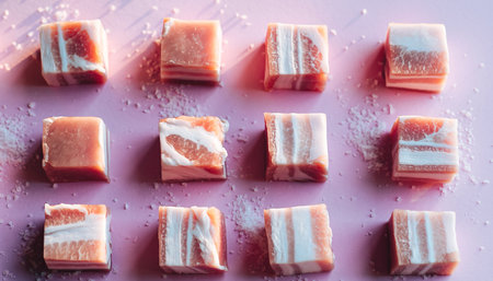 Cubes of raw pork belly with distinct layers of fat and lean meat are scattered on a pink surface.の素材