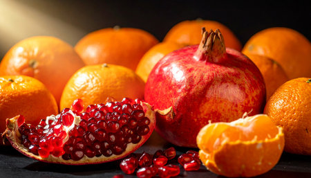 A still life of pomegranate halves and tangerines with scattered seeds in warm, soft light.の素材