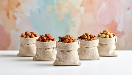 Five burlap sacks filled with assorted nuts are arranged on a white surface against a colorful background.の素材