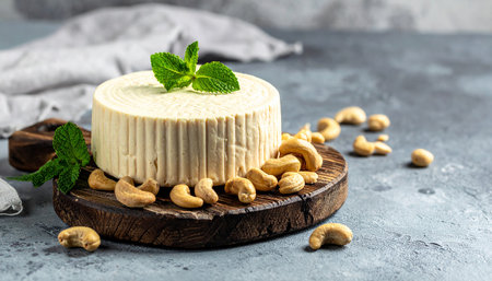 A round wheel of cashew cheese is decorated with mint and surrounded by cashews on a wooden board, close-up view.の素材