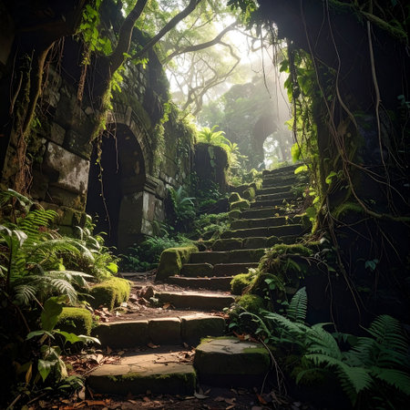An ancient stone staircase is overgrown with moss and vines in a lush, sun-dappled forest.の素材