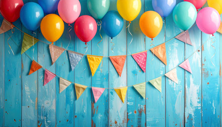 Multiple rows of colorful balloons and triangular bunting are arranged against a distressed blue wooden wall.の素材