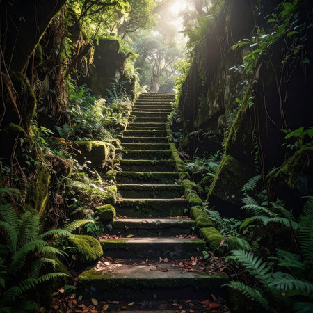 Sunlit stone steps climb through a verdant, mossy forest with dense foliage and trees.の素材