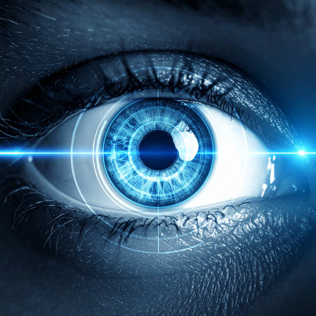 Close-up of a human eye with a futuristic blue digital scan overlay and glowing targeting lines.の素材