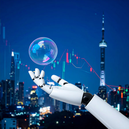 Robot hand holds a bubble over a stock market graph with city lights at night. Clear details and vibrant color...の素材