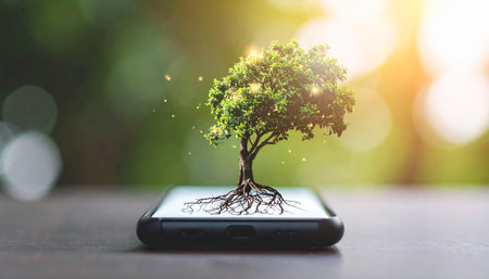 A tree with visible roots emerges from a smartphone screen, set against a soft, blurred background.の素材