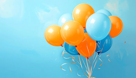 An assortment of orange and light blue balloons with ribbons is clustered against a blue background.の素材