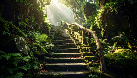 Stone steps with a wooden railing ascend through a lush, green forest illuminated by sunbeams.の素材