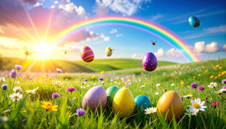 Vibrant easter eggs float in a sunlit meadow with a rainbow arching across the skyの素材