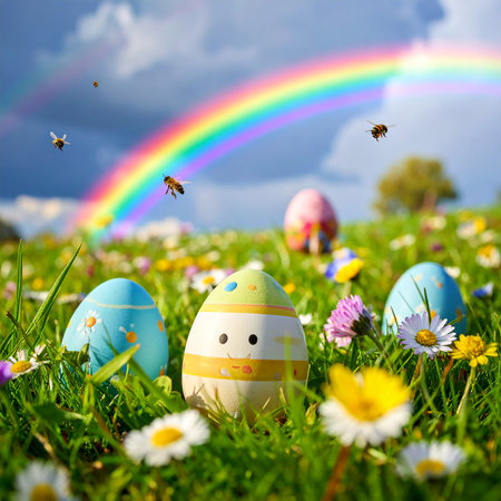 Decorated Easter eggs scattered in a grassy field with a rainbow and bees under a blue sky.の素材