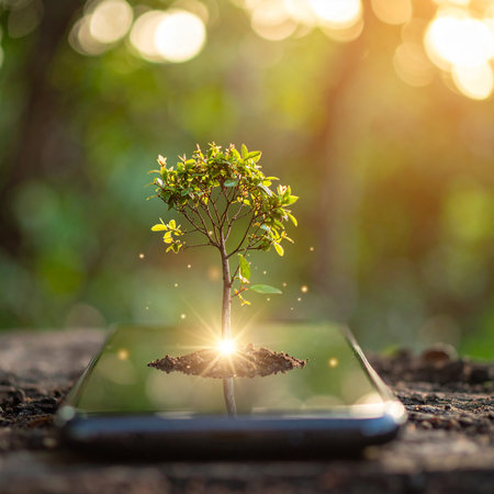 A young tree grows from a smartphone screen, illuminated by a bright sun flare and bokeh.の素材