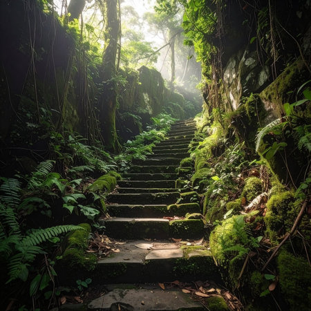Stone steps ascend through a dense, moss-covered forest with sunlight filtering through the trees.の素材