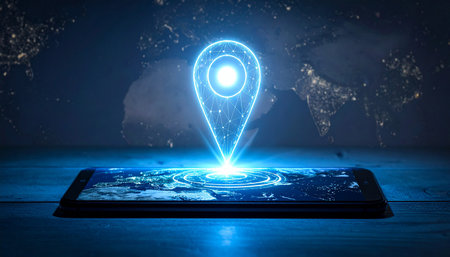 A glowing blue location pin hologram rises from a smartphone screen showing a digital Earth.の素材