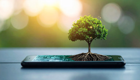 A tree with visible roots grows from a smartphone displaying a circuit board pattern.の素材