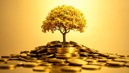 A golden tree sits atop a mound of gold coins against a bright, solid yellow background.の素材