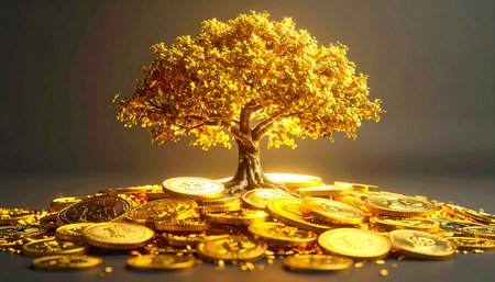 A golden tree with coin leaves grows from a pile of gold coins, illuminated by light.の素材