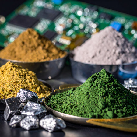 Piles of green, yellow, and gray powders and silver rocks are arranged on a computer circuit board.の素材